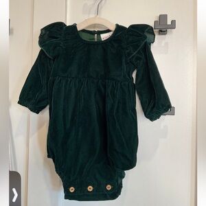 Emerald Green Viscose Velvet Full Sleeves Ruffle Romper, 12-18 months